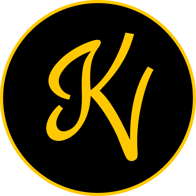 Logo circular com fundo preto e e letras K e V douradas.